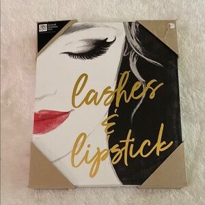 NEW “Lashes & Lipstick” Wall Art 12in x 10in Canvas Wrapped Around Wooden Frame